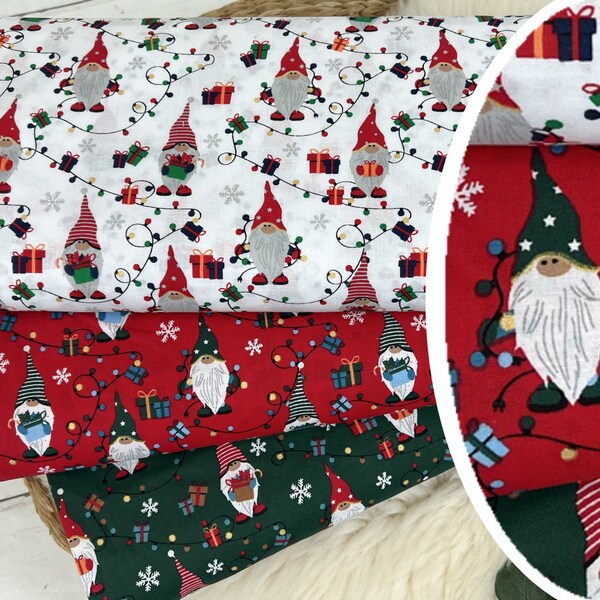 Tissu de Noël en popeline de coton - motif gnome en rouge, vert, blanc - Oeko-Tex 100 tissu pour enfants paquet de tissus 101-