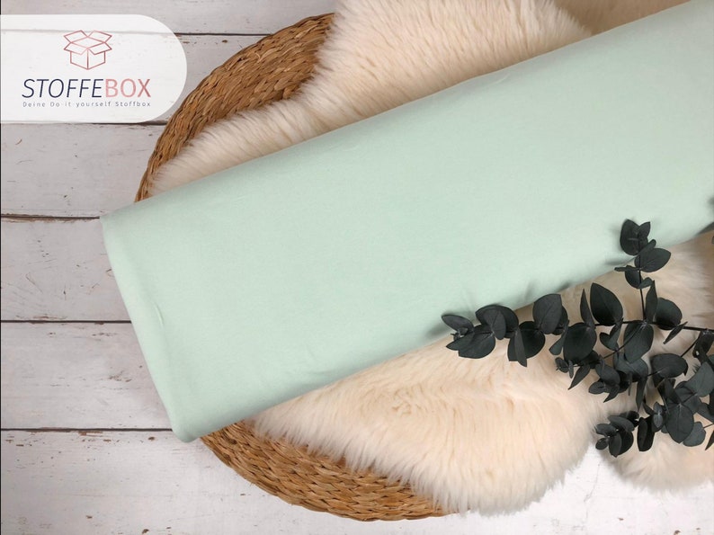 Jersey fabric Öko-Tex-100 plain mint and turquoise tones various colors www.Stoffebox.de Item no. 200 pastelgrün -311