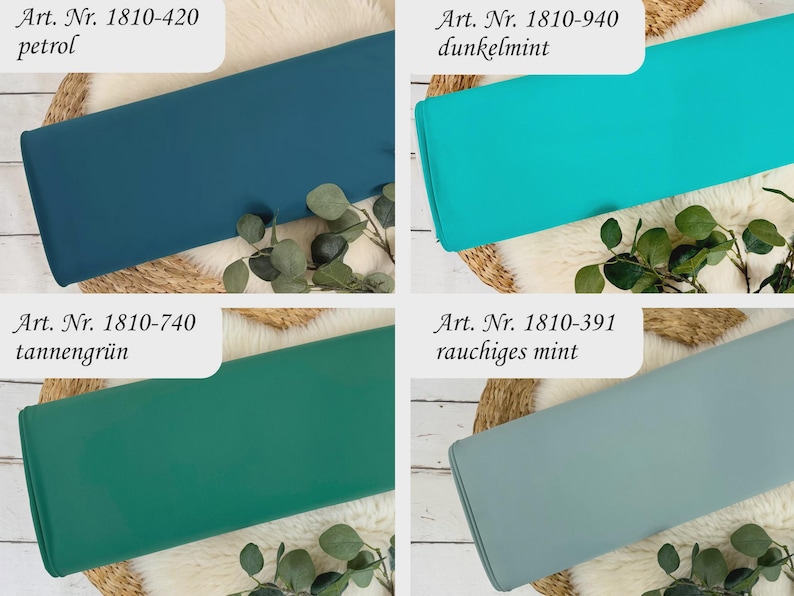 May include: Four fabric swatches in different shades of blue and green. The swatches are labeled with their color names and corresponding article numbers: petrol, dunkelmint, tannengr&uuml;n, and rauchiges mint.