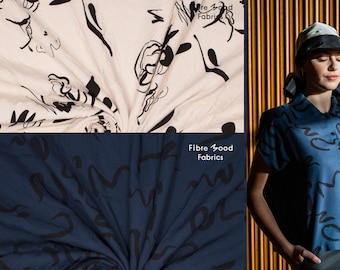 Fibre Mood 22 Eve, Amber – Viscose abstract pattern in black, ecru, blue – Oeko-Tex 100 5001-049, 5001-048