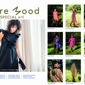 Könnte beinhalten: Ein Magazincover mit einer Frau, die ein schwarzes Kleid mit Rüschen trägt. Das Magazin heißt "Fibre Mood" und der Titeltext lautet "Special n°1". Das Cover zeigt auch Fotos von verschiedenen Kleidungsstücken, darunter Kleider und Oberteile.