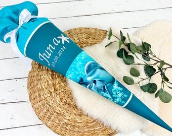Schultüte aus Stoff mit Namen -  Delfine Meerestiere petrol, türkis (70cm, 85cm, 35cm) - Zuckertüte personalisiert, optional mit Kissen