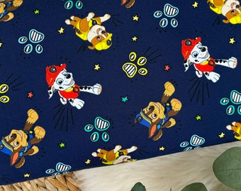 Cotton jersey fabric – PAW PATROL pattern Chase, Rubble, Marshall in midnight blue – Oeko-Tex-100 licensed fabric Art. 201-269