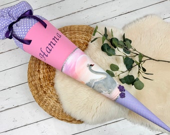 Schultüte mit Namen – Schwan in rosa, flieder (70cm, 85cm) – personalisiert, optional mit Kissen