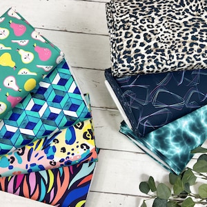 Functional jersey sports fabric – tropical patterns, abstract motifs, fruits, leopard print in colorful, mint, green - swim and sports fabric 1800- from 50cm