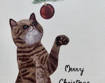 Postkarte DinA6 Weihnachtskatze Leinenpapier umweltfreundlich "Merry Christmas"