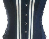 Blue Denim Corset White Stripes Gothic Burlesque Costume PLUS SIZE Waist Training Overbust Mardi Gras Top
