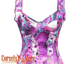 Corsé bustier de satén morado estampado con tirantes, top con varillas de acero para Halloween