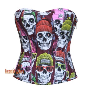 Skull Printed Cotton Corset Overbust Bustier Top Gothic Costume