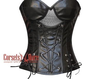 Black Faux Leather Steampunk Corset Steel Boned Overbust Halloween Costume Bustier