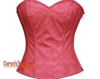 Op de afbeelding: Een rode, strapless corset met een bloemenpatroon. De corset heeft een rits aan de achterkant en een beenderen structuur.