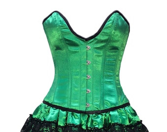 Green Satin Deep Bust Line With Black Frills Skirt Corset Mother's Day Dress