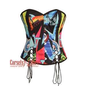 Multi Color Printed Satin With Front Lace Overbust Corset Bustier Top Gothic Costume