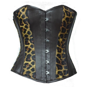 Animal Print Leather Brown Overbust Corset Authentic Steel Boned Bustier Costume for Comic Con 2025
