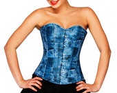 Women 39 s Blue Denim Print Leather Vintage Costume Limited Stock Overbust Corset Top