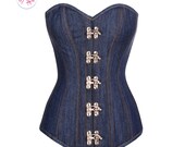 Blue Denim Gothic Steampunk Costume Waist Training Bustier LONGLINE Overbust Costume