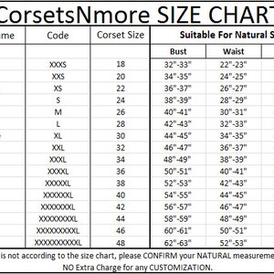 May include: Corset size chart with measurements in inches for bust, waist, and hip. The chart lists different corset sizes, corresponding codes, and the natural size they fit.  The chart includes sizes from 3X Small to Plus 10X.
