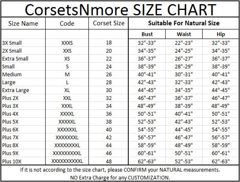 May include: Corset size chart with measurements in inches for bust, waist, and hip. The chart lists different corset sizes, corresponding codes, and the natural size they fit.  The chart includes sizes from 3X Small to Plus 10X.