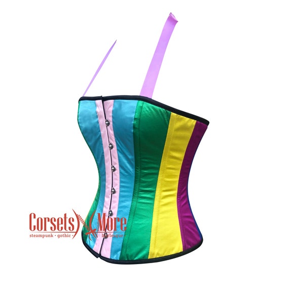 Multi-color Top Satin Stripes Overbust Corset Bustier Rainbow Costume -   Canada