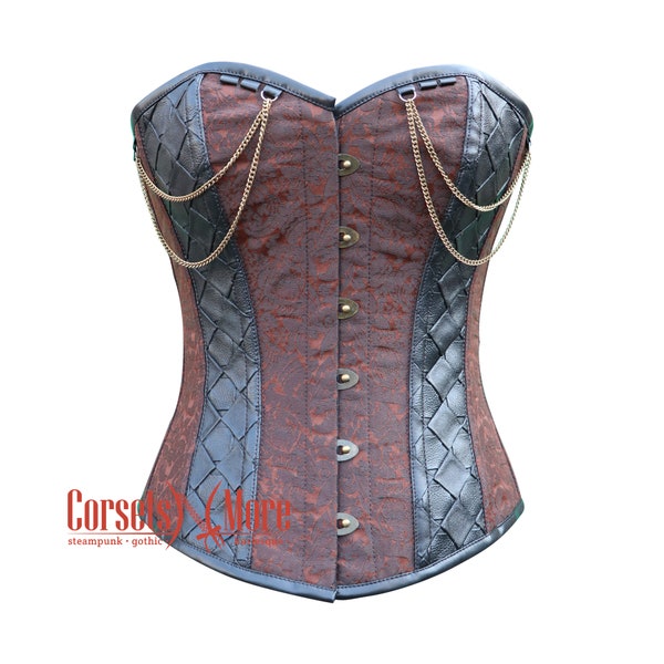 Brown Brocade With Leather Steampunk Mother's Day Costume Overbust Bustier Corset