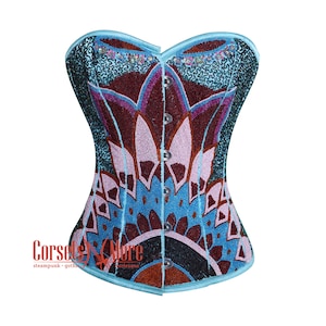 Multi Color Sequins Work Overbust Baby Blue Corset Satin Burlesque Costume