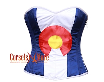 Blue And White Satin Colorado Flag Corset Overbust Gothic Costume Top