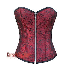 Red and Black Brocade Steampunk Costume Zipper Steel Boned Overbust Corset Bustier Top for Comic Con 2025