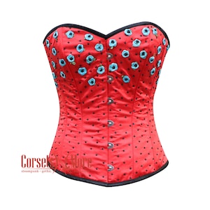 Red Satin With Flowers Sequins Burlesque Costume For Overbust Corset