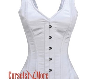 White Satin Overbust Corset Top for Women with Shoulder Straps Burlesque Costume
