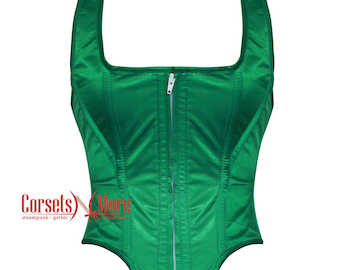 Green Satin Overbust Corset Top with Shoulder Straps – Halloween Costume Bustier