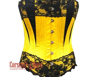 Yellow Satin Black Net Overbust Corset Bustier steel Boned Costume