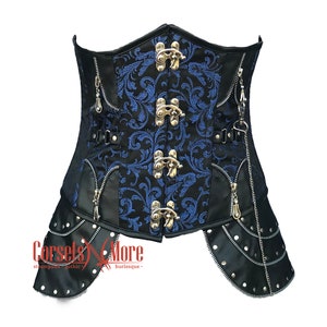 Blue and Black Brocade Leather Underbust Corset Heavy Duty Steampunk Costume
