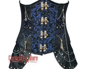 Blue and Black Brocade Black Leather Underbust Heavy Duty Corset Steampunk