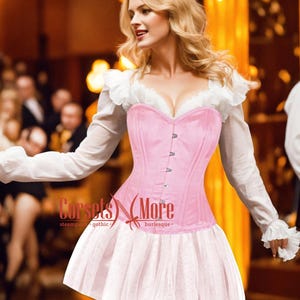Pink Satin Corset Steel Boned Overbust Bustier Burlesque Memorial Day Costume