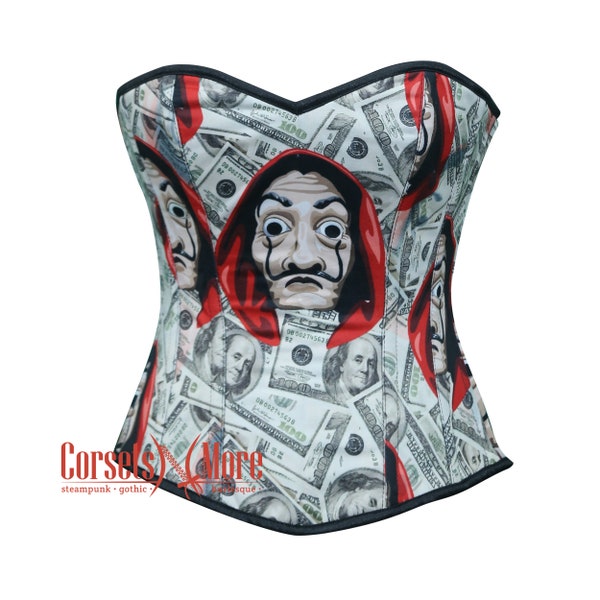 Dollars with Money Heist Costume Mask Printed Satin Overbust Top