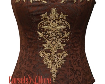 Brown Brocade Golden Sequins Burlesque Costume Overbust Corset for Comic Con 2025