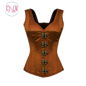Brown Satin Corset Antique Clasps Overbust with Shoulder Straps Bustier Top for Comic Con 2025