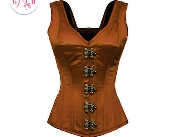 May include: A copper-colored corset with a V-neck and decorative clasps. The sleeveless top has a satin-like sheen and a structured silhouette. The corset features five ornate clasps down the front and a dark lining.
