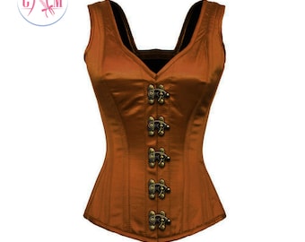 Brown Satin Corset Antique Clasps Overbust with Shoulder Straps Bustier Top