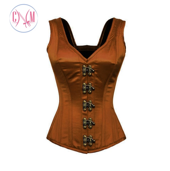 Victorian Brown Satin Corset – Overbust Bustier With Antique