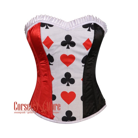 Queen of Hearts Costume Red and Black Satin With White Frill Overbust Corset  Top 
