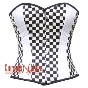 White Satin With Black Diagonal Print Gothic Costume Overbust Corset