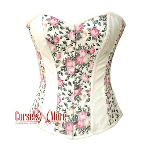 White PVC and Floral Printed Soft Leather Overbust Corset Top  Costume