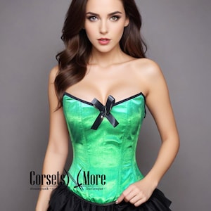 Green Satin With Bow Pride Top Zipper Corset Overbust Bustier Costume