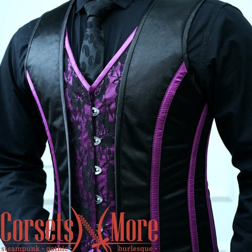 Corset pour homme authentique à baleines en acier, en satin royal violet et noir, gilet d'Halloween
