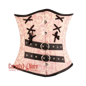 Pink Brocade With Black Leather Belts Underbust Bustier | Authentic Heavy Duty Steel Boned Corset for Comic Con 2025