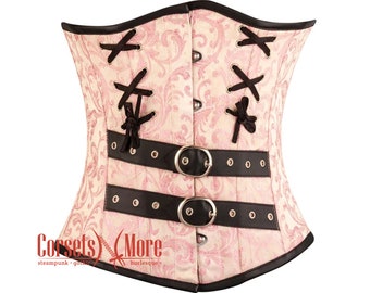 Pink Brocade Steel Boned Corset With Black Leather Belt, Steampunk Style