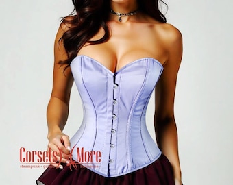 Corsé de satén lavanda para mujer con varillas de acero, disfraz de burlesque para Halloween, top bustier.