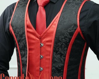 Chaleco corsé de brocado rojo y negro para hombre – Chaleco gótico con varillas de acero