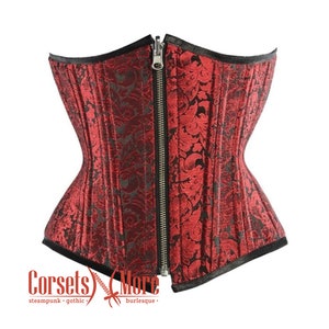 Corsetto sottoseno curvy in broccato rosso e nero con stecche in acciaio, bustino per allenamento della vita